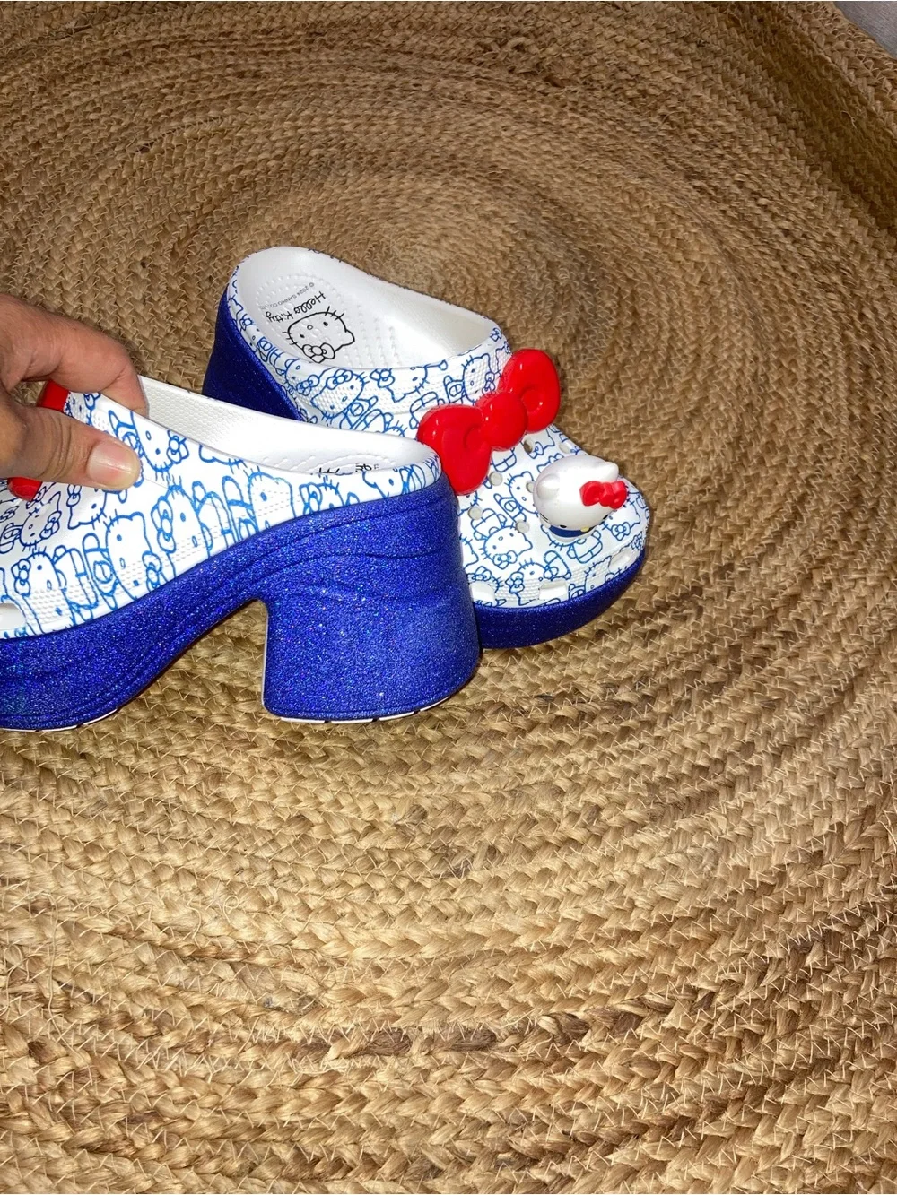 CROCS White & Blue Hello Kitty Platform Clogs with Red Bow Charm